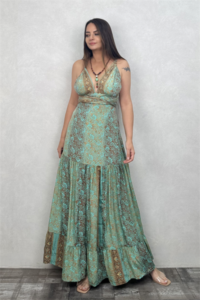 Aden İpek Elbise - Mint Gold