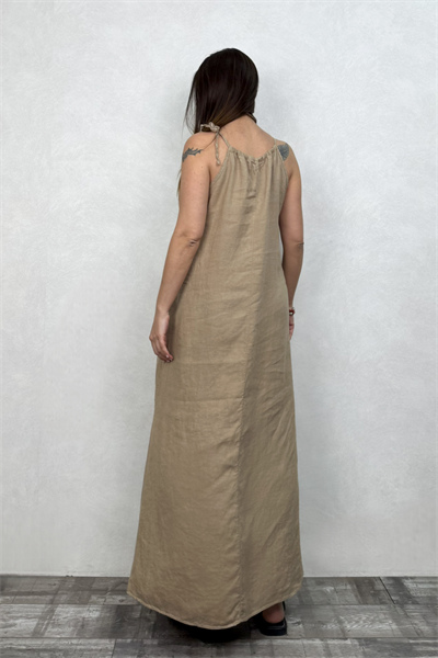 Amore Keten Elbise - Naturel Camel