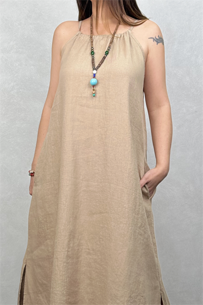 Amore Keten Elbise - Naturel Camel