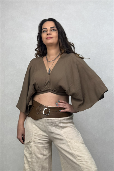 Aris Nature Müslin Crop Bluz Neutral Brown -Doğal Kahve