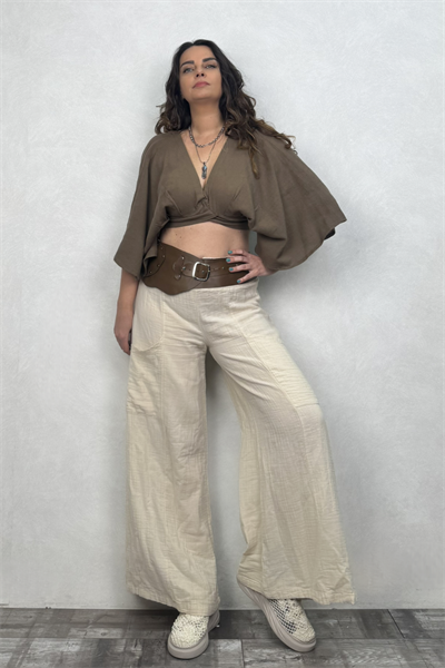 Aris Nature Müslin Crop Bluz Neutral Brown -Doğal Kahve