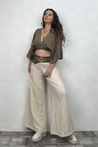 Aris Nature Müslin Crop Bluz Neutral Brown -Doğal Kahve