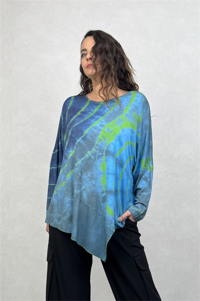 Asimetrik Bluz - Mavi Yeşil Batik