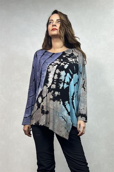 Asimetrik Bluz - Siyah Turkuaz Batik