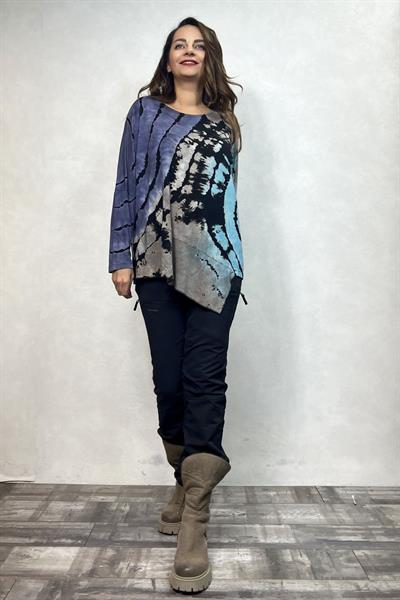 Asimetrik Bluz - Siyah Turkuaz Batik