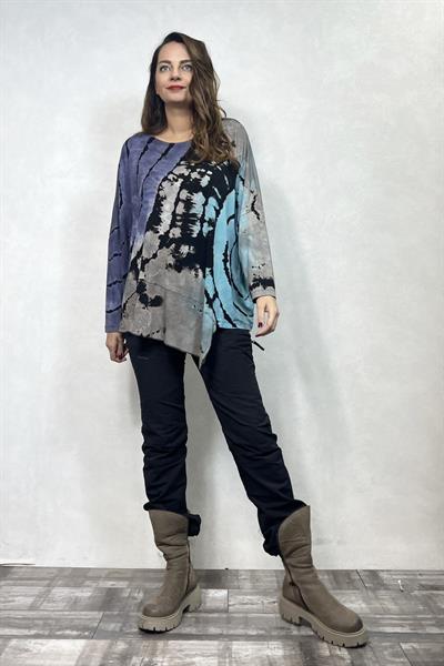 Asimetrik Bluz - Siyah Turkuaz Batik