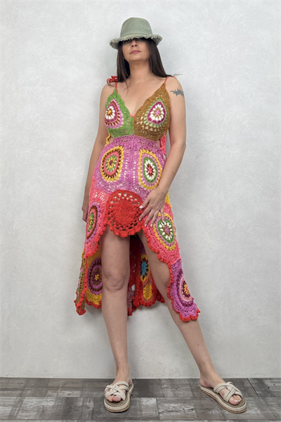 Asimetrik Hand Made Motif Elbise - Çok Renkli
