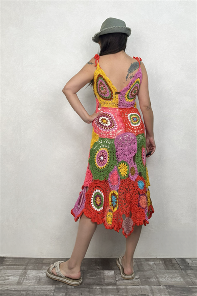 Asimetrik Hand Made Motif Elbise - Çok Renkli