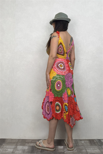 Asimetrik Hand Made Motif Elbise - Çok Renkli