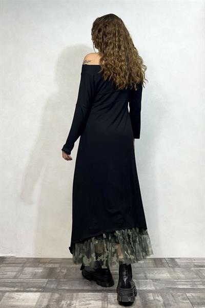 Asimetrik Maxi Uzun Tunik Elbise - Siyah