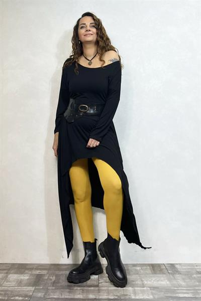 Asimetrik Maxi Uzun Tunik Elbise - Siyah