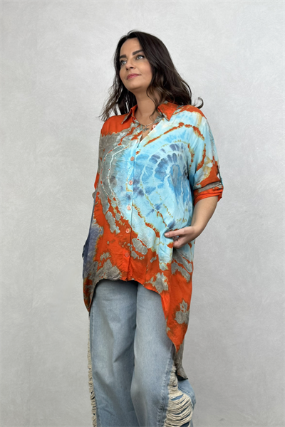 Asimetrik Tasarım Tunik Gömlek - Turuncu Batik