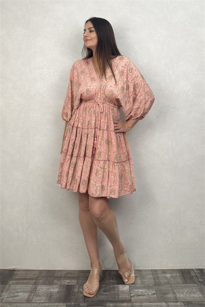 Azul Yarasa Kol Mini İpek Elbise - Toz Pembe Flor