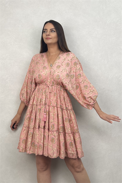Azul Yarasa Kol Mini İpek Elbise - Toz Pembe Flor