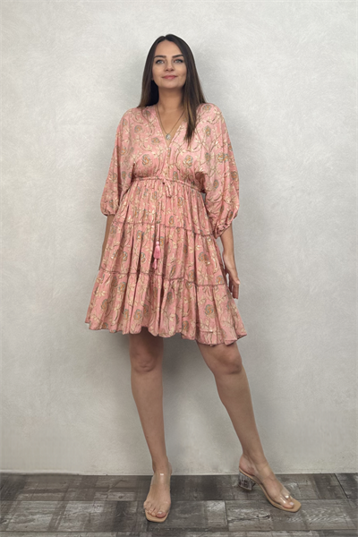 Azul Yarasa Kol Mini İpek Elbise - Toz Pembe Flor