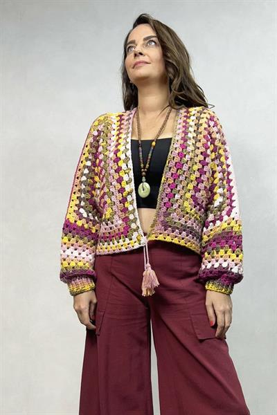 Batik El Örgüsü Hırka - Pembe Sarı