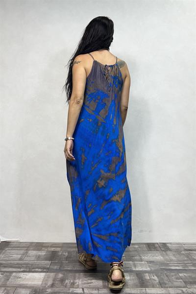 Batik Yırtmaçlı Elbise - Mavi