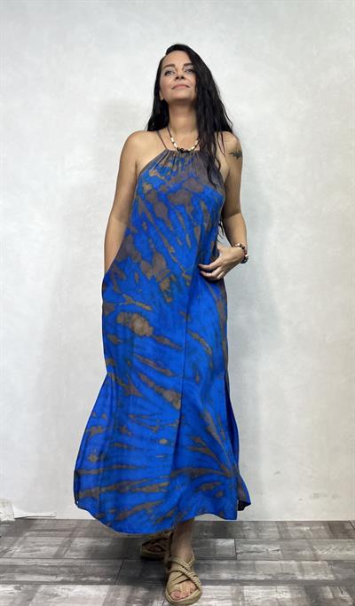 Batik Yırtmaçlı Elbise - Mavi