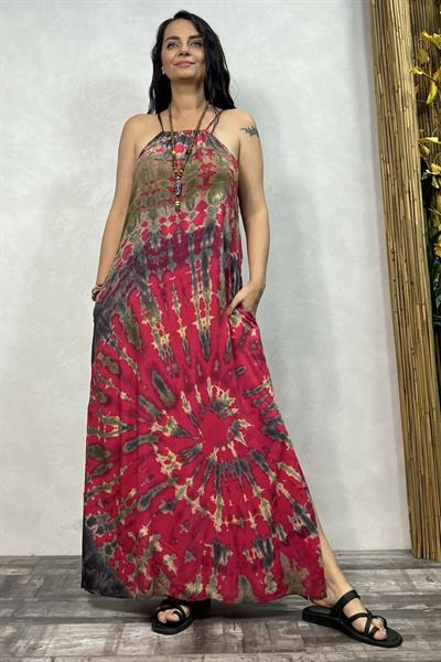 Batik Yırtmaçlı Elbise - Pembe