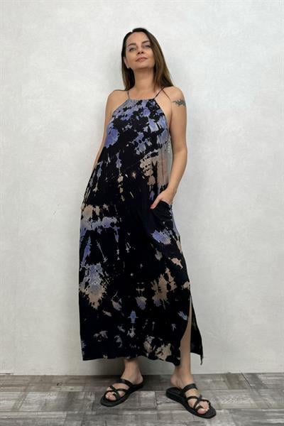 Batik Yırtmaçlı Elbise - Siyah