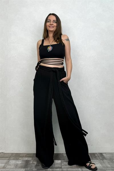 Bess Müslin Dolamalı Crop - Siyah