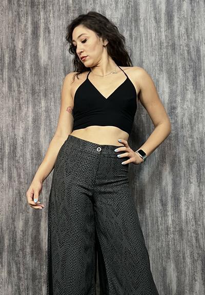 Boyundan Bağlamalı Kuplu Crop Bluz - Siyah