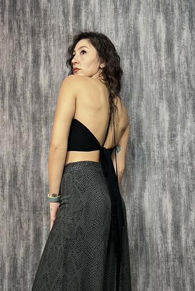 Boyundan Bağlamalı Kuplu Crop Bluz - Siyah