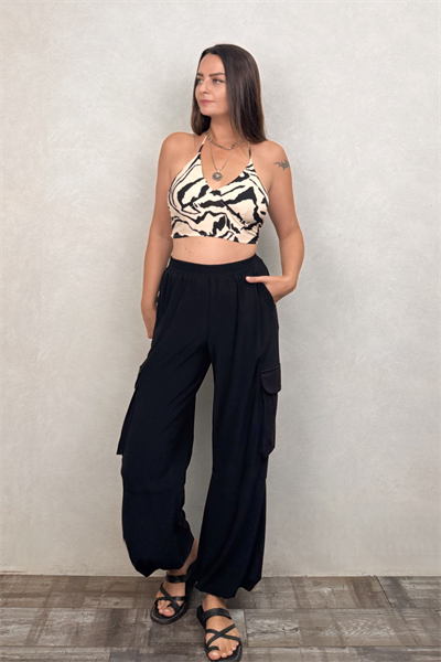 Boyundan Bağlamalı Kuplu Crop Bluz -Beyaz Zebra
