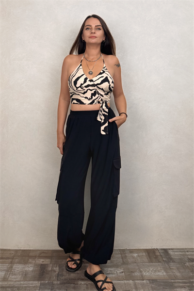 Boyundan Bağlamalı Kuplu Crop Bluz -Beyaz Zebra