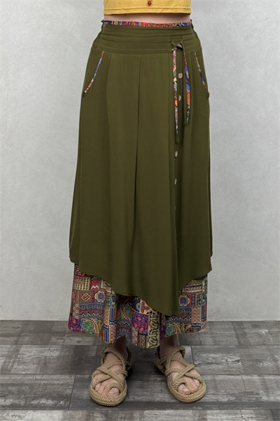 Çift Katlı Polly Gypsy Etek - Haki Desenli