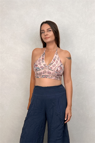 Çift Taraflı İpek Crop - Mavi Toz Pembe
