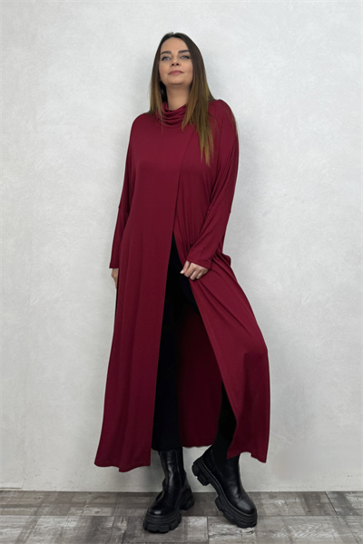 Degaje Yırtmaçlı Triko Tunik - Bordo