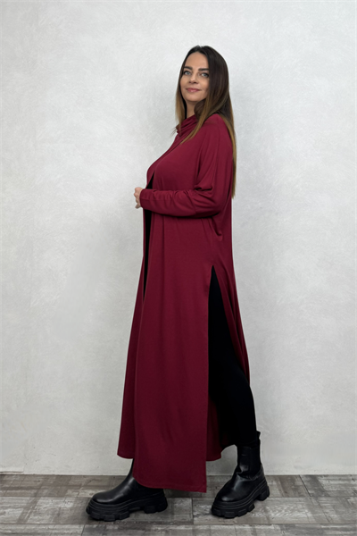Degaje Yırtmaçlı Triko Tunik - Bordo