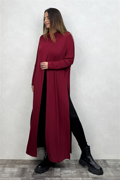 Degaje Yırtmaçlı Triko Tunik - Bordo