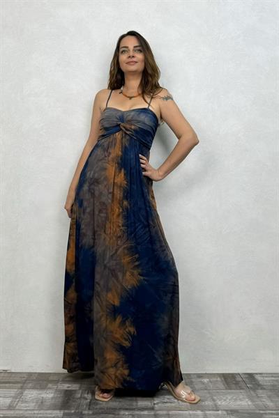 Düğüm Detaylı Batik Elbise - Lacivert