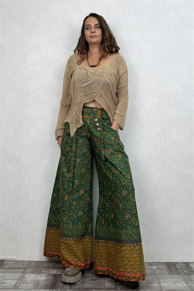 Düşük Bel Düğmeli Bol Paça Pantolon - Çigan