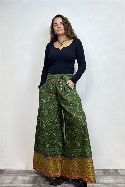 Düşük Bel Düğmeli Bol Paça Pantolon - Çigan