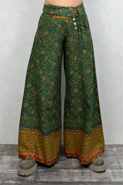 Düşük Bel Düğmeli Bol Paça Pantolon - Çigan