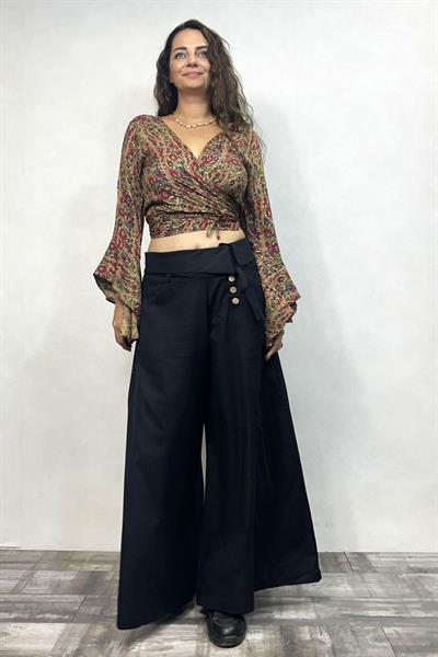 Düşük Bel Düğmeli Bol Paça Pantolon - Siyah