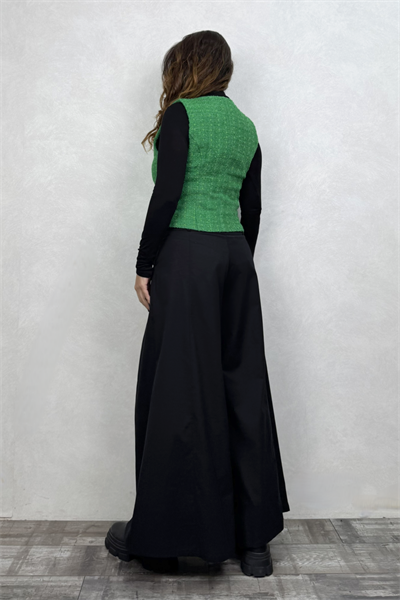 Düşük Bel Düğmeli Bol Paça Pantolon - Siyah