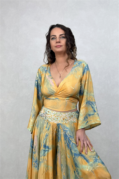 Düz Kol İpek Bolero Bluz - Sarı