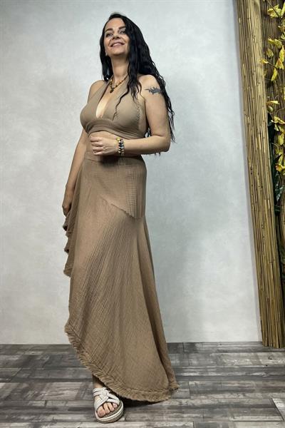 Eve Bağlamalı Müslin Crop Top Praline - Kahverengi