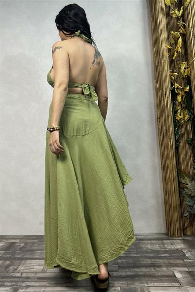 Eve Bağlamalı Müslin Crop Top Sage Green - Yeşil