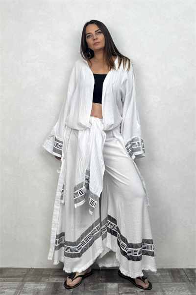 Frig Baskılı Müslin Kaftan - Beyaz