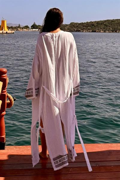 Frig Baskılı Müslin Kaftan - Beyaz