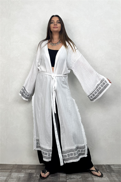 Frig Baskılı Müslin Kaftan - Beyaz