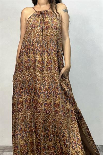 Halter Yaka Yırtmaçlı Bohem Elbise - Hardal