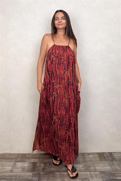 Halter Yaka Yırtmaçlı Bohem Elbise - Mercan Kırmızı