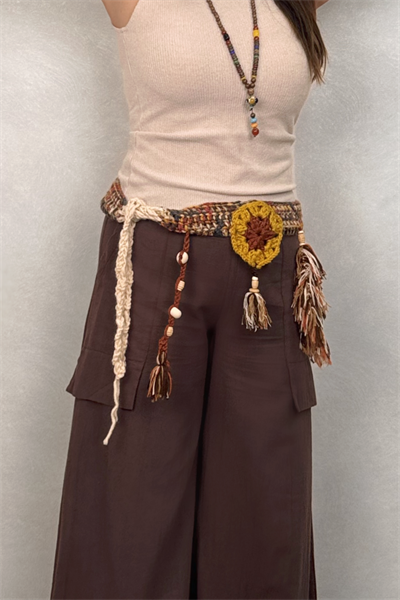 Hand Made Çantalı Örme Kemer - Hardal