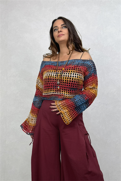 İspanyol Kol Batik Örgü Crop Bluz- Gökkuşağı